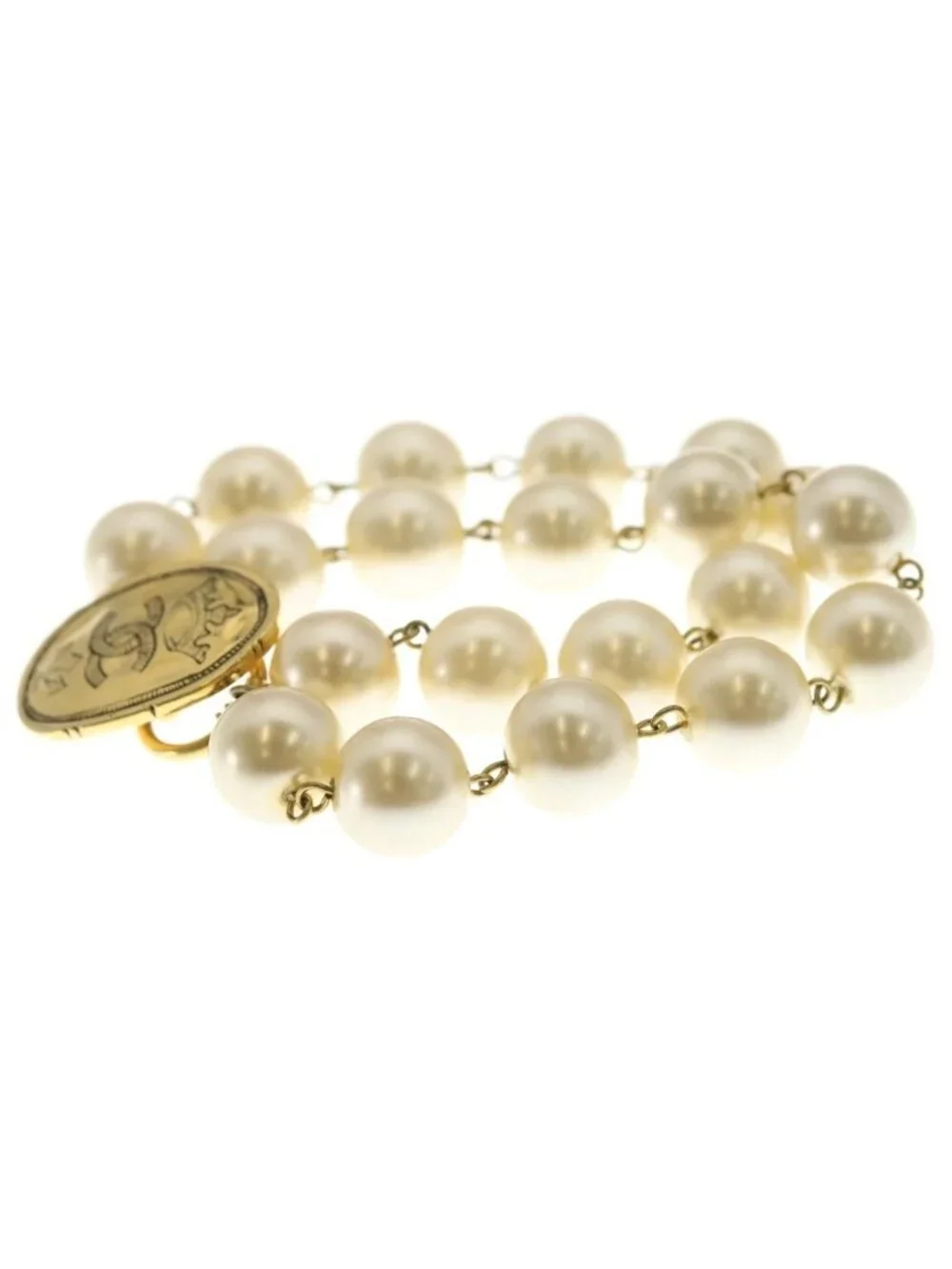 Chanel CC Logo Crown Faux Pearl Bracelet White Gold